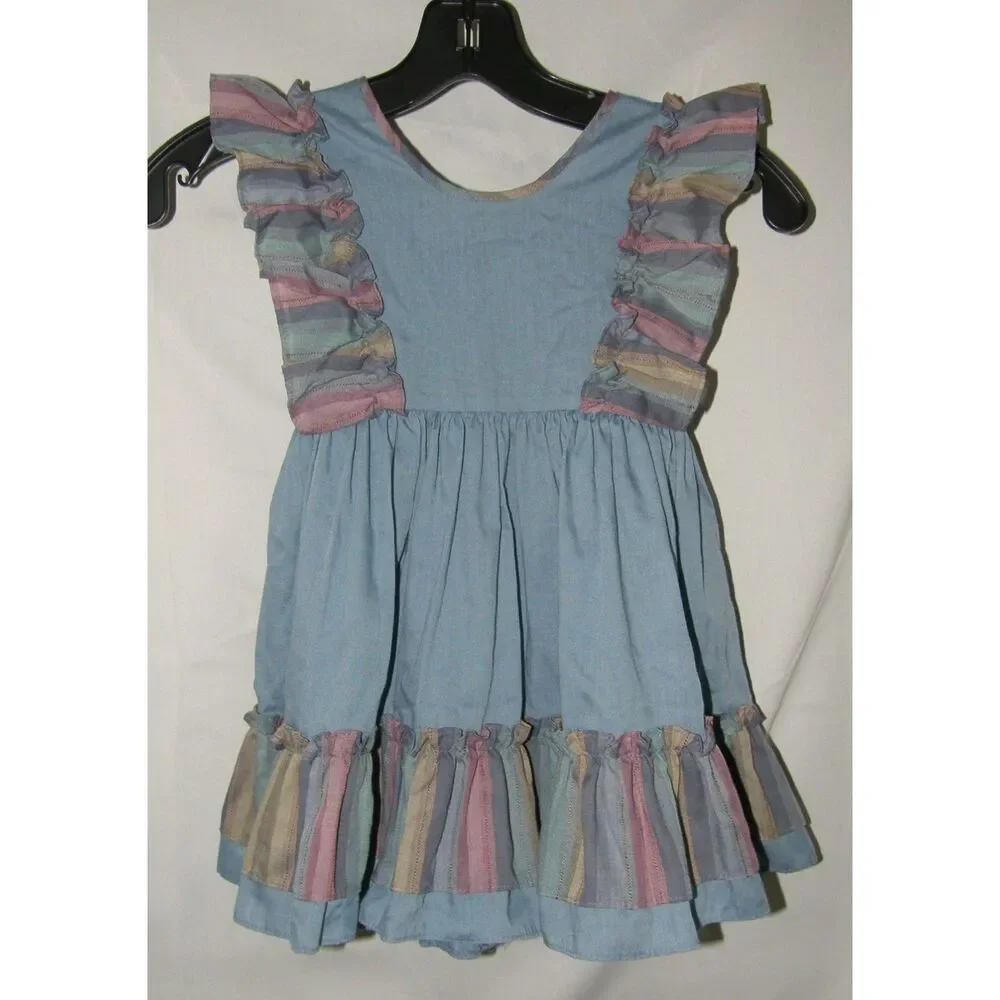 Vintage Girls Sz 4 Blue Ruffled Tie Back Sleeveless Church Dress MINIWORLD